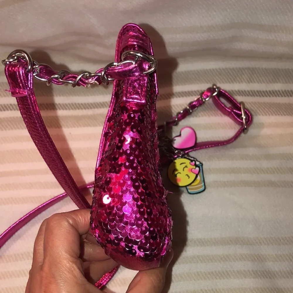 Justice “S” Monogram Fuchsia Pink Sequin Purse Bag with Emoji Charms